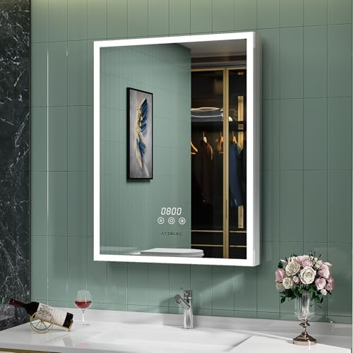 acemiro 24"×32" bathroom medicine cabinet with mirror, surface or recessed lighted medicine cabinet, 3-color dimmable lights, defogger, bathroom mirror with outlet, clock&temp display, door left open