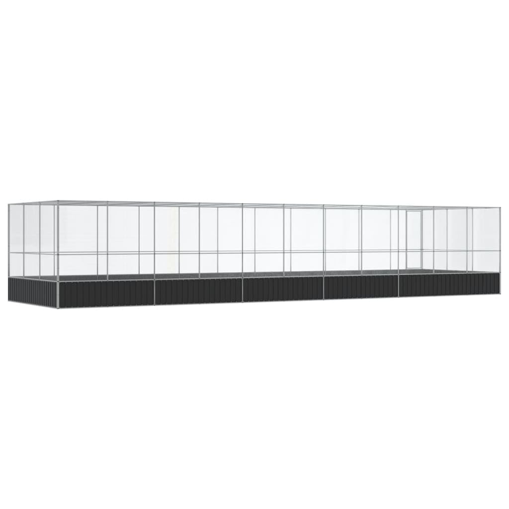 Pajarera con ampliación en plata, 1139 x 307 x 212 cm, acero galvanizado, resistente, para interior y exterior, incluye soporte, perchas, cuenco, parque infantil, ruedas, techo, cajón