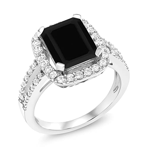 Gem Stone King 925 Sterling Silver Black Onyx Engagement Ring For Women (3.75 Cttw, Emerald Cut 10X8MM, Gemstone Birthstone, Available in size 5, 6, 7, 8, 9)3