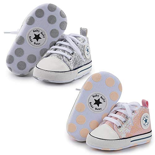 Image of Meckior Newborn Infant Baby Girls Boys 2 Pairs Canvas Sneakers Soft Anti-Slip Sole High-Top Ankle Unisex Toddler First Walking Shoes