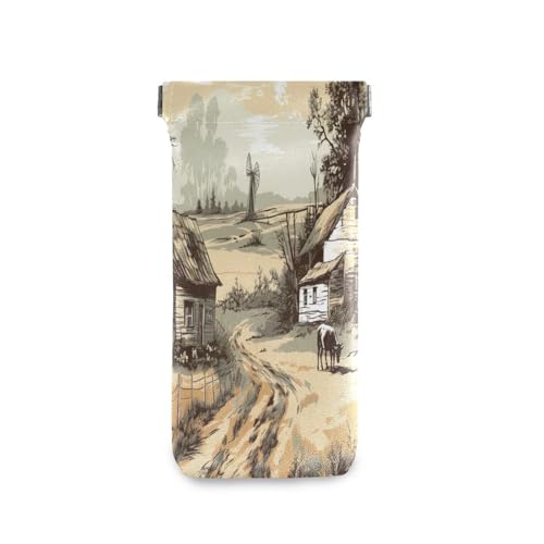 FLildon Rural Village Eyeglasses Pouch Squeeze Top Sunglasses Case Soft PU Leather Eyeglass Bag for Men Women