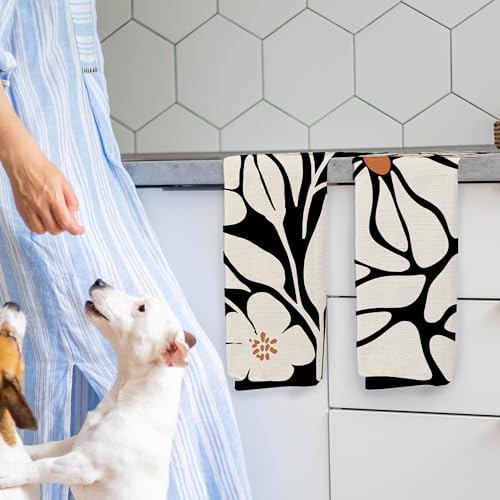 Wfsm 041-XS-MJ-2 Boho Floral Kitchen Towels Set Of 2- Black Floral Hand Towels, Beige Dish Towels thumb #5
