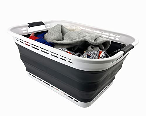 Image of SAMMART 42L (11 Galloons) Collapsible Plastic Laundry Basket - Foldable Pop Up Storage Container /Organizer - Portable Washing Tub - Space Saving Hamper /Basket (White /Asphalt)