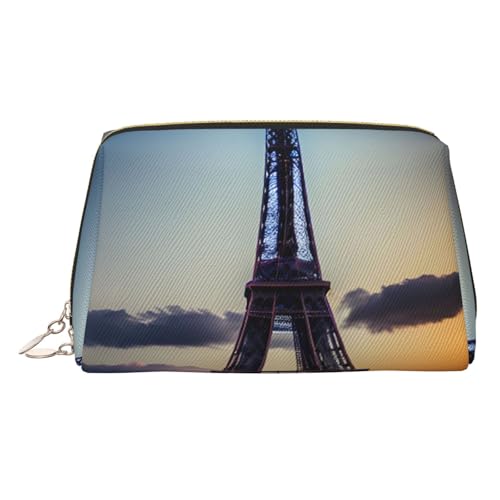 Gold Leather Makeup Bag â€“ Eiffel Tower Print Travel Cosmetic Bags with Handle, Divider, Zipper, Portable Personal Toiletries, Gold, One Size