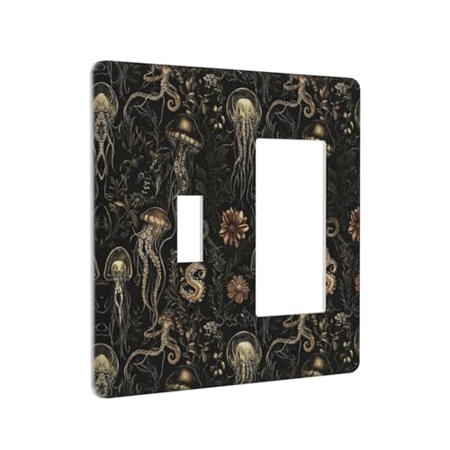 Decorative Outlet Covers Black Gold Jellyfish Squid Deep Sea Creatures 2 Gang Outlet Cover Wall Plate Single Toggle Rocker Light Switch Cover Plate Switch Plate Covers for Home Decor