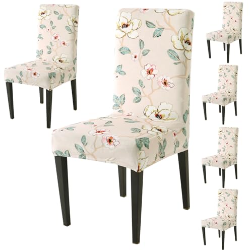 Image of HOKIPO Premium Printed Velvet Dining Chair Cover Set of 6, Buttercream Magnolia Whisper (AR-5794-D5*6)