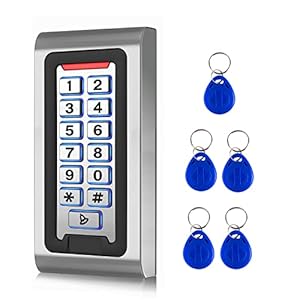 Door Access Control System Stand-Alone Password Keypad + 5PCS Proximity Keychains, Support 2000 Users Card Reader, Weatherproof, Backlight, Zinc Alloy Metal Case, for Garage Door, Gate Opener