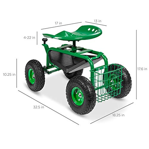 Best Choice Products 4-Wheel Garden Cart Mobile Rolling Work Seat W/Tool Tray, Storage Basket, Rubber Tires - Green #TOP6
