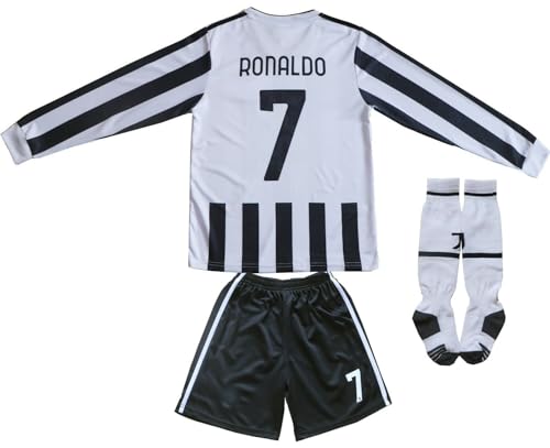 LeenBD 2021/2022 New 7 Ronaldo Long Sleeve Kids Soccer Jersey & Shorts Youth Size (White,26)