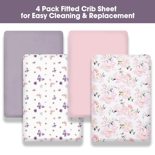 Image of Little Grape Land Crib Sheets Girl 4 Pack, Baby Crib Sheets for Standard Crib & Toddler Mattress, Super Soft Breathable Crib Sheet Set for Girls (Floral & Butterfly)