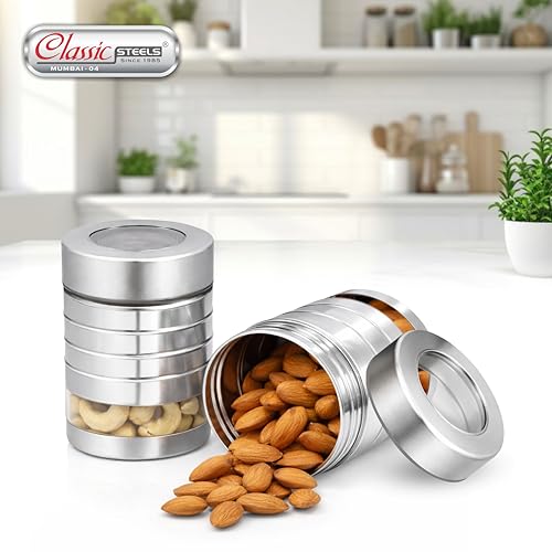 Image of Classic Steels Utility Canister Set of 2, 1000 ml | Airtight Stainless Steel Kitchen Storage Containers with See-Through Window & Top View Lid | Spices, Dry Fruits, Tea, Sugar | Mirror Finish Silver