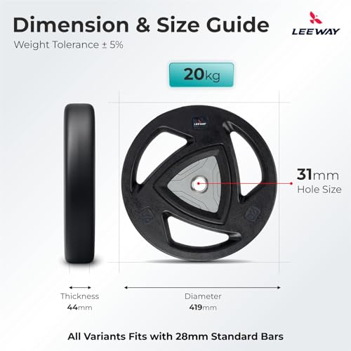 Image of LEEWAY Rubber Weight Plates (20kg x 2) | 31mm Hole | Tri Grip Gym Plates for Home Gym Workout | Barbell & Dumbbell Compatible | Floor Protection Low Noise Plates (Black, 20kg Pair)