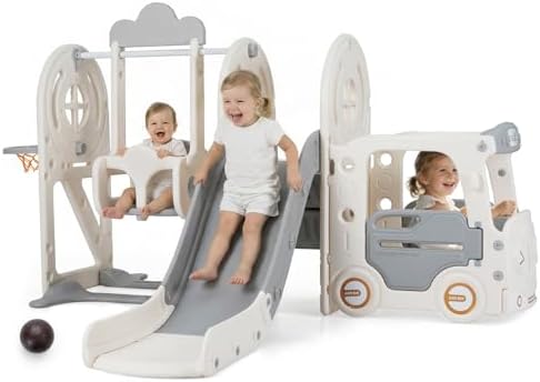 OLAKIDS Toddler Slide and Swing Set, 5 in 1 Bus Themed Baby Slide with Climber Basketball Hoop Car Playhouse for Indoor Outdoor Boys Girls Aged 3+ (Grey)