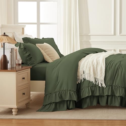 Image of Andency Olive Green Queen Comforter Set (90x90Inch), 3 Pieces Lightweight Fluffy Ruffle Bedding Comforter Sets for Queen Bed, Farmhouse Shabby Chic Soft Polyester All Season Bed Set