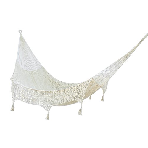 NOVICA Ivory Off White Hand Woven Cotton Mayan 2 Person XL Rope Hammock