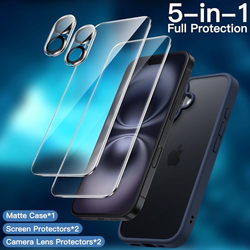 JETech 5 in 1 Matte Case for iPhone 16 6.1-Inch with 2-Pack Each Tempered Glass Screen Protector and Camera Lens Protector, Translucent Back Shockproof Phone Cover (Storm Blue) by JETech - Used condition - Image 3