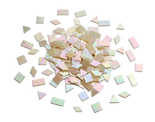Lanyani Iridescent Glass Mosaic Tiles Supplies 200 Pieces Iridized Stained Glass Tile Pieces for Mosaic Craft 4 Shapes Mixed,Cream