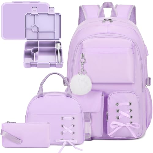 Backpack for Girls with Bento Lunch Box Set, School Bag Bookbag for Teens Girls Kids Student, 43oz Lunch Containers Lunchbox, Insulated Lunch Bag & Pencial Case, Back To School Gift (Purple)