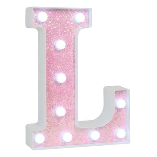 Image of Pink Glitter Marquee Light Up Letters, Battery Operated LED Letter Lights Signs for Pink Birthday Party Table Decorations, Wall Decor for Girls Bedroom, Initial Letter L with Cool White Lights