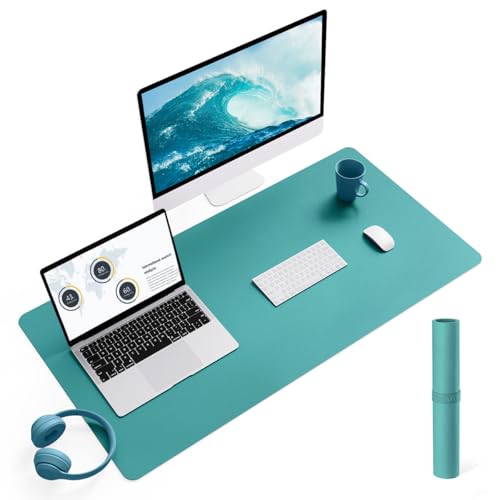 YSAGi Non-Slip Leather Desk Pad L Size, Waterproof Laptop Computer Desk Keyboard Mat, Table Protector Blotter Mat, Large Mouse Pad for Office/Work/Home/Decor(Green Blue, 35.4" x 17") Green B