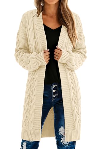 PRETTYGARDEN Long Sleeve Open Front Chunky Cardigan Sweaters for Women Cable Knit Long Cardigans Fall Outfits with Pockets