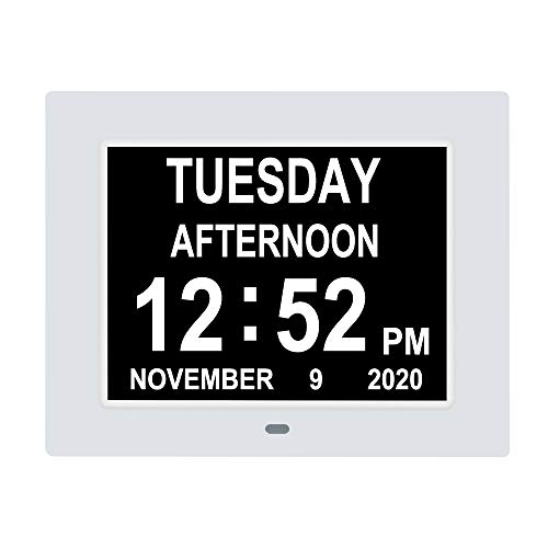 【2020 Neueste Version】 17.8 cm Digitaler Tageskalender, Uhr mit 8 Alarm-Erinnerungen, automatische Dimmung, Gedächtnisverlust, Uhren für Senioren und ältere Menschen mit Sehbehinderung Cover