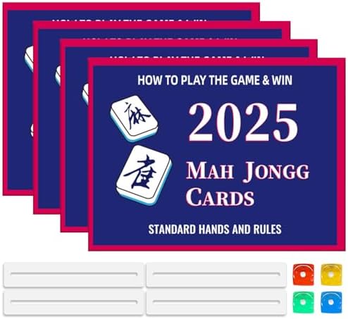 NMJL Mah Jong Card 2025 Official, 4 Pack Mahjong Cards Set with Extra Dices & Mahjong Line Readers, Reusable and Erasable Mah Jong Card Color Style Large Print (6-1/8'' x 4-3/4''')
