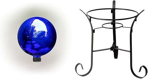 Alpine Corporation Globo de observación de vidrio azul de 10 pulgadas de diámetro con soporte de hierro negro de 10 pulgadas de alto