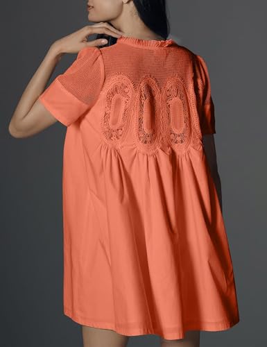 Image of Womens Summer Lace Mini Babydoll Dress Ruffled Collar Short Sleeve Loose Mesh Swing Elegant Flared Sundress