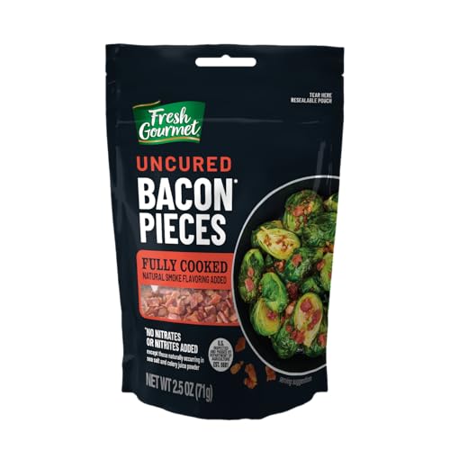 Fresh Gourmet Uncured Bacon Pieces | Naturally Smoked, No Sugar | Keto & Paleo Friendly Protein Topper | Fully Cooked, Resealable Bag | 2.5 Ounce Pack of 1