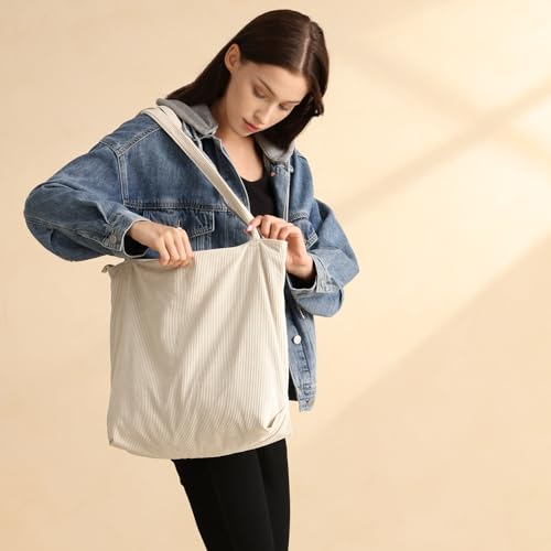 benpen Cord Uni Tasche Shopper Damen,Beige Schule Handtasche Groß Schultasche Umhängetasche Tote Bag Unitasche Arbeitstasche mit Reißverschluss Fächern,Geschenk für Sie Damen