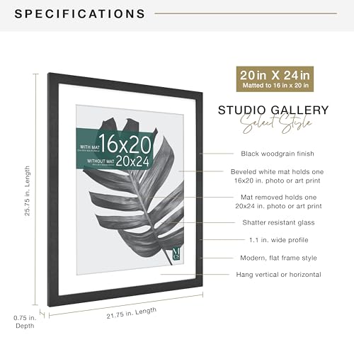 MCS Studio Gallery 20x24 Matted Poster Frame with 16x20 Picture Display, Black Woodgrain Vertical & Horizontal Wall Hanging Large Picture Frame for Photos, Posters & Art Prints (1-Pack)
