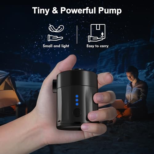 Mojimdo Tragbare Elektrische Luftpumpe, 5000 Pa Pumpe Akku, 450L/Min, Kompakte Air Pump mit 4 Düsen, für Camping, Luftmatratze, Schwimmring, Luftkissen, Schlauchboot, Vakuumbeutel