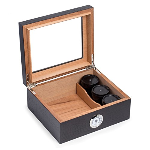 Espresso Wood Medicinal Herbs Humidor Humidistat and External Hygrometer with 3 Black Marble