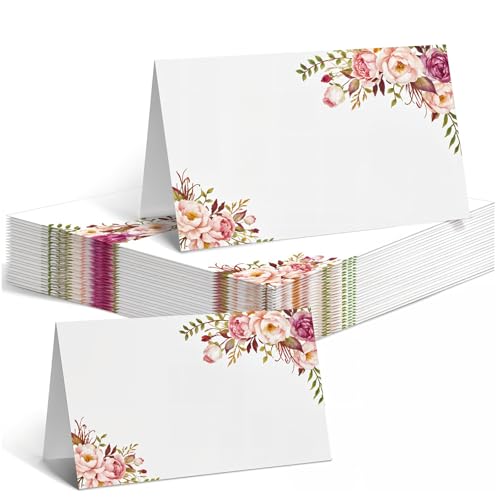 Lot de 50 marque-places vierges à écrire avec fleurs élégantes - Décoration de table pour mariage, anniversaire (9 cm x 5 cm)