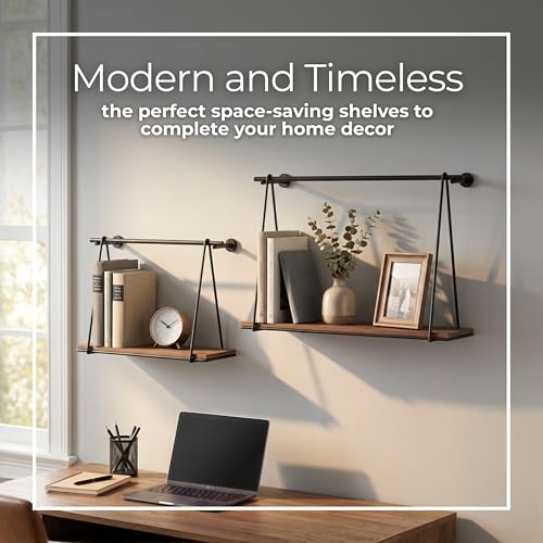 Minimalist Wall Mounted Storage Organizer for Home Decor - Modern Hanging Swing Style Metal & Wood Storage for Office Styling - Refined Wall Shelves for Display - Set of 2, 14", 12", Brown & Black by Sagebrook Home - Image 4