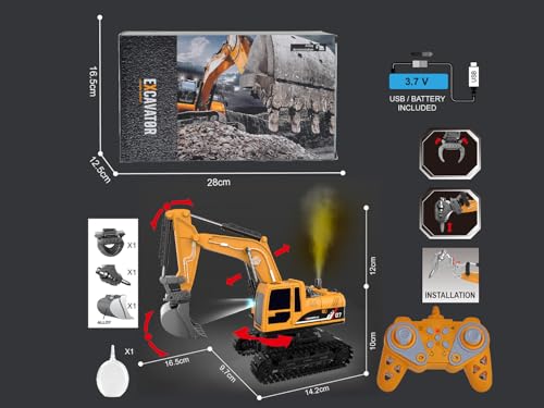 Image of RC JCB Toy Excavator for Kids - 1:22 11-Channel Metal Remote Control Construction Vehicle with Lights, Sounds & 360 Rotation Yellow Digger Truck (Ages 6-12)