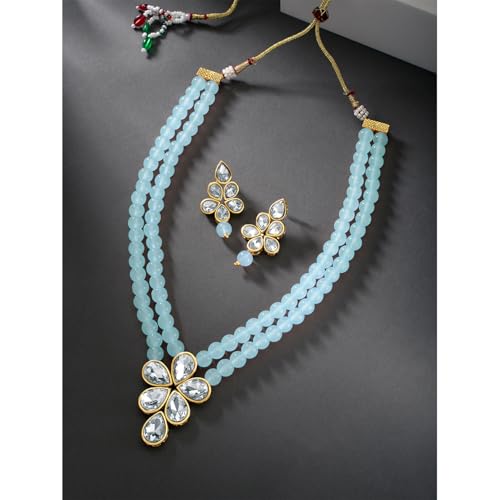 Image of Peora Crystal Faux Pearl Kundan Necklace & Jewellery Set Gift for Women