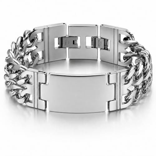 Image of Young & Forever Titanium Steel Cuban Link Chain ID Bar Bracelet for Men and Boys | Bold Punk Style Hand Band Kada | Plain and Religious Cross Engraved Matte Black & Metallic Silver Style Options