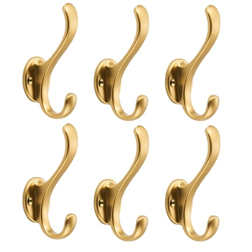 khtumeware 6 Pack Brushed Gold Coat Hooks Wall Mount Heavy Duty Utility Retro Double Hooks for Hanging Coats Hat Towel Key Robe Scarf Bag Cap (Brushed Gold)