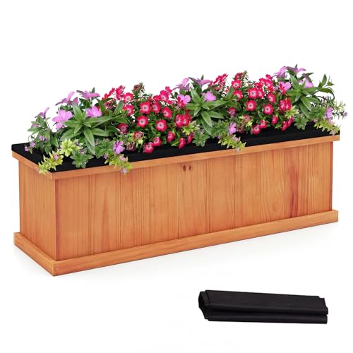 Giantex Outdoor Raised Garden Bed, 40” x 13” x 12” Pine Wood Planter Box with 3 Drainage Holes, Removable Bottom & Bed Liner, Rectangular Flower Container for Vegetables, Herbs, Indoor & Outdoor