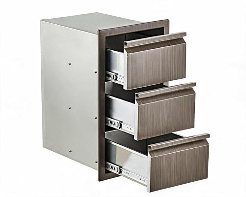 Takywep Outdoor Kitchen Drawers 14.7W x 24.5H x 18.5D, Flush Mount Triple Drawer Storage Cabinet, Stainless Steel, Weatherproof with Ergonomic Handles for BBQ Island & Patio Grill, Gray Grain