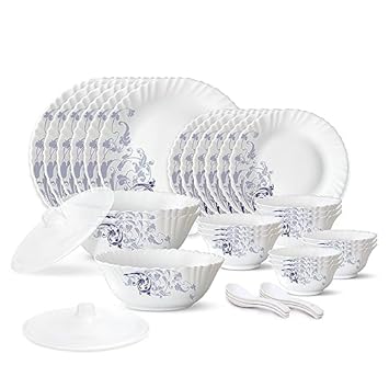 Blue Eve Silk Series Opalware Dinner Set | 35 Pieces for Family of 6 | Microwave & Dishwasher Safe | Bone-Ash Free | Crockery Set for Dining & Gifting | Plates & Bowls | White