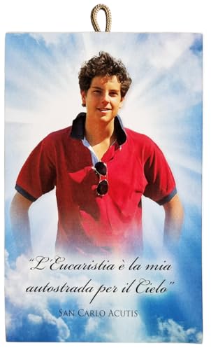 KUSTOM ART Cuadro de pared contorneado estilo vintage Serie Imágenes Sagradas San Carlos Acutis la Eucaristía es mi autopista al cielo, impresión sobre madera 15 x 10 cm