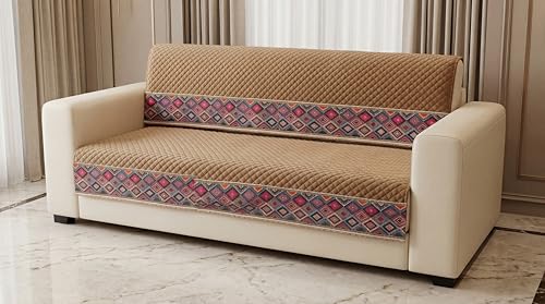 Image of KINGLY Sofa Cover 3 Seater Fully Covered | Stretchable Anti-Slip Slipcover | Washable Furniture Protector | Royal Gold | Set of 2 | Seat & Back |