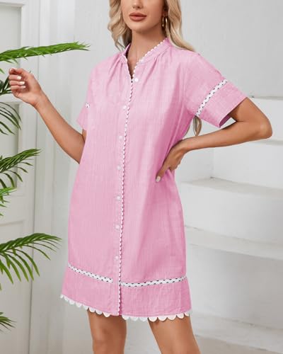 Image of Women's Summer Shirt Dress Short Sleeve Button Down Mini Tie Waist Belted Tunic with Pockets RIC Rac Trim