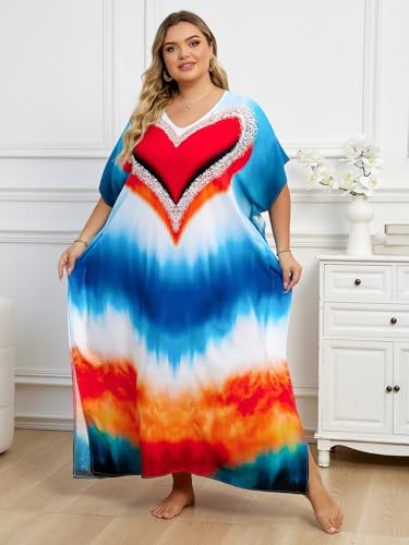 Image of KECVOT Kaftan Dresses for Women V-Neck Print Swimsuit Cover Up Plus Size Beach Caftan Lounge Dress