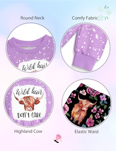 Image of Toddler Girl Clothes Fall Winter Outfits Wild Hair Don't Care Highland Cow Sweatshirt Pants Western Cowgirl Outfit