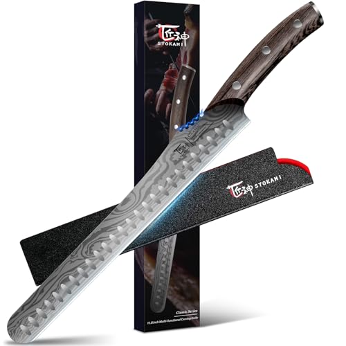 Brisket Slicing Knife, 12 Inch Multifunction Carving Knife for Meat Cutting, Japanese Style Meat Slicer with Wood Full Tang Handle, Damascus Pattern Long Slicing for Roast Beef, Ideal for Gi