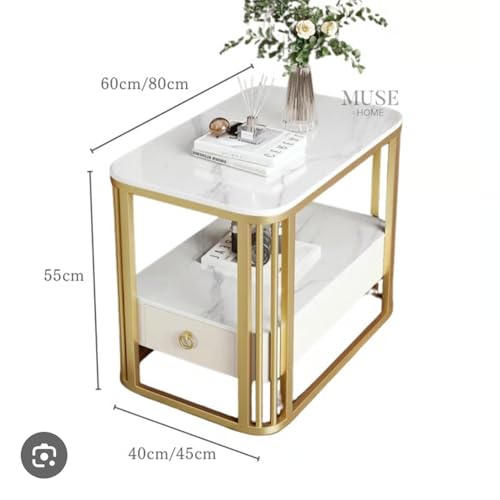 Image of Style Round End Table with Storage, Drawer 2-Tier Shelf Nightstand Gold Metal Frame Marble Look Sofa Side Coffee Table for Living Room Bedroom Balcony Patio (White Gold)